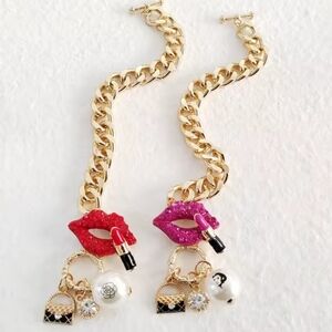 Choose Either Pink Or red.  Chic Gold Chain Bracelet with Lip Charms